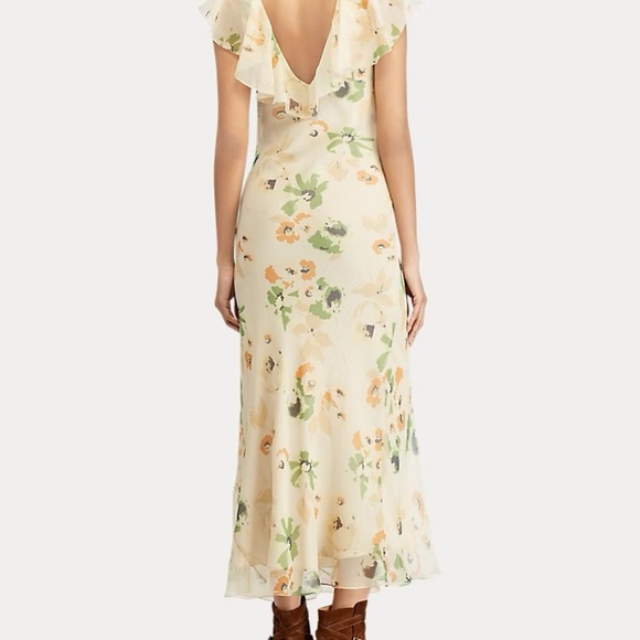 Polo Ralph Lauren - Beige Pastel Floral Ruffle V Neck Sleeveless Maxi Dress SZ 8 - Picture 2 of 12